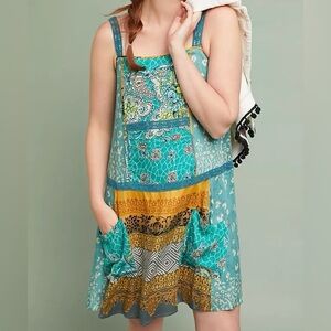 Tiny for Anthropologie Scarf Printed Tunic Dress Crochet Detailing Front Pockets